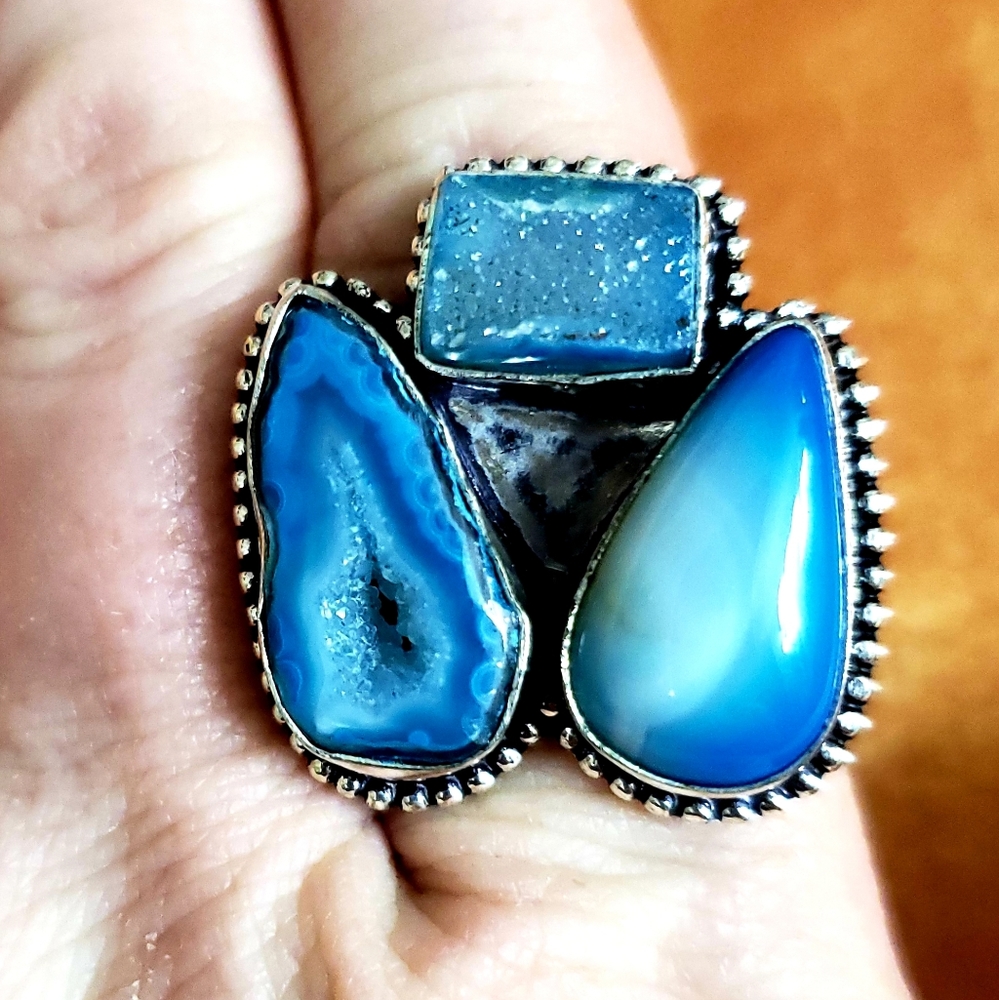 New Botswana Agate, Druzy 925 Silver Ring.